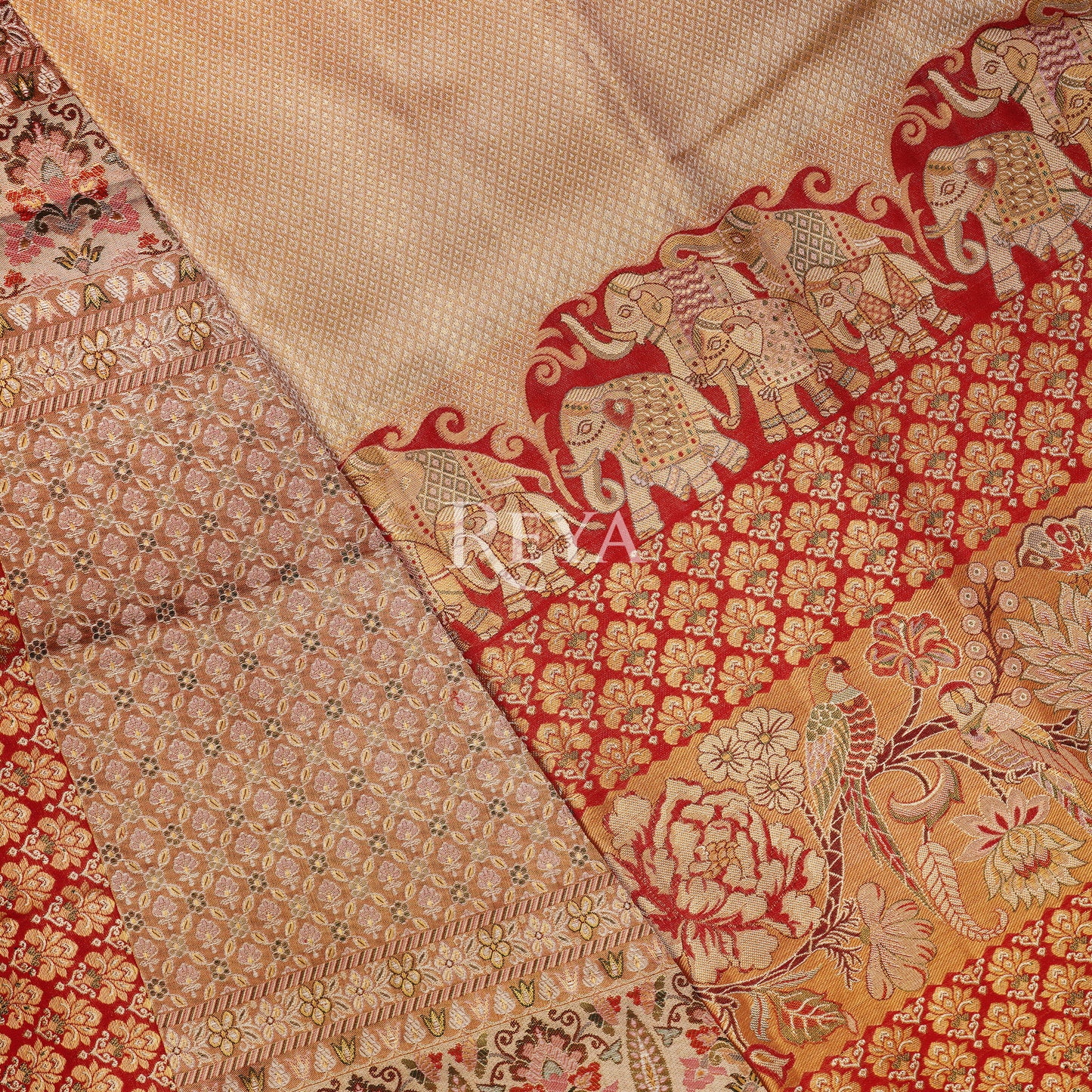 'Royal Elephant Parade Kanjeevaram' in temple red and rose gold