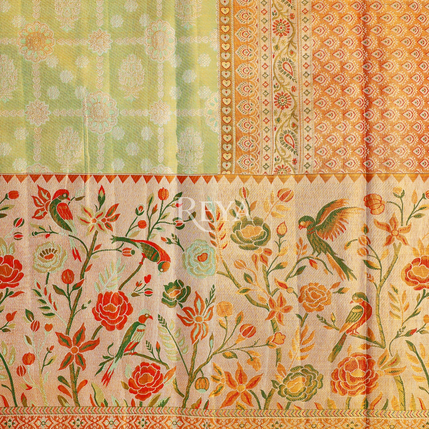 'Song of the Silk Garden Kanjeevaram' in pistachio green and meenakari hues