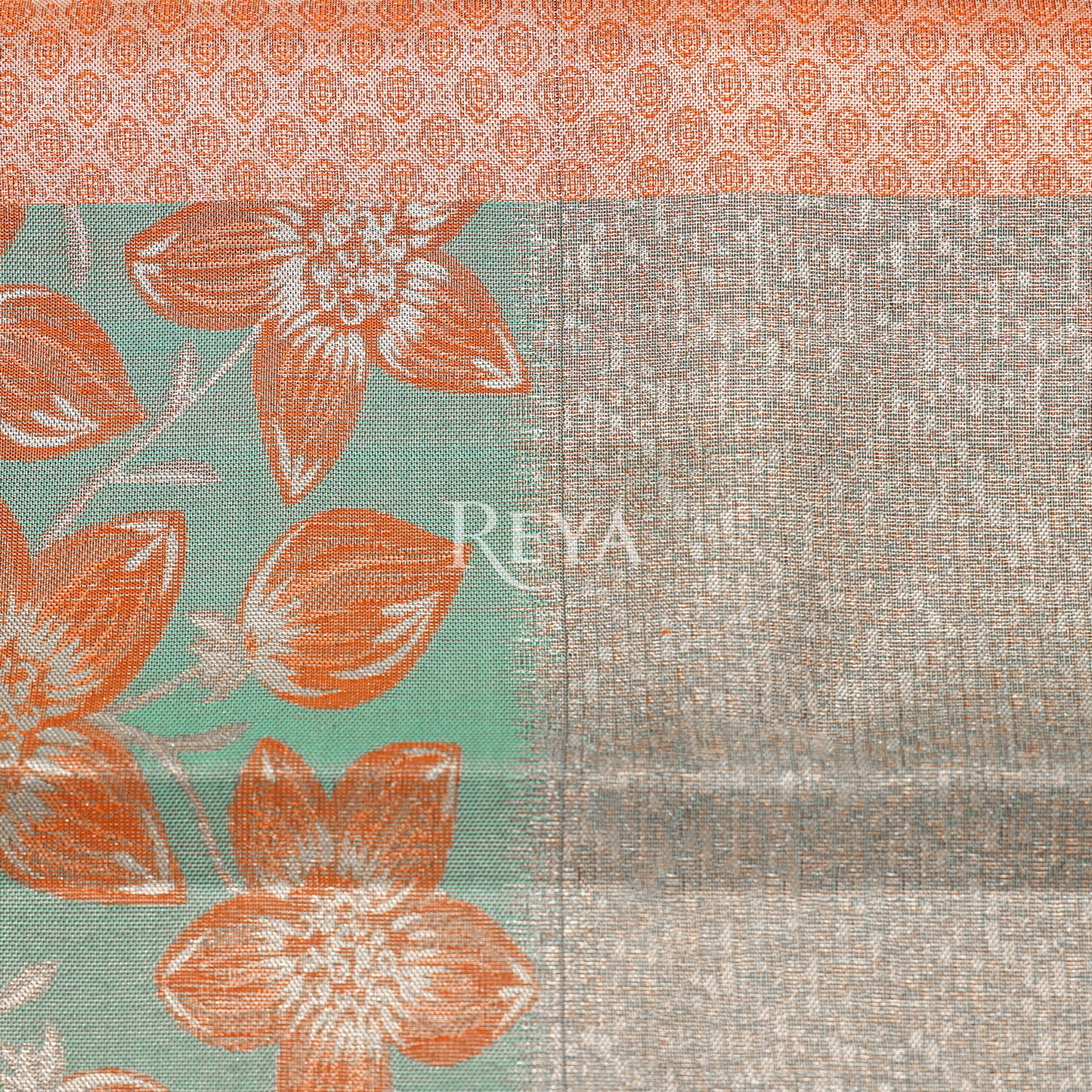 'Blossoms of the Silver Dawn Kanjeevaram' in aqua bloom and tangerine glow