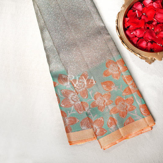 'Blossoms of the Silver Dawn Kanjeevaram' in aqua bloom and tangerine glow