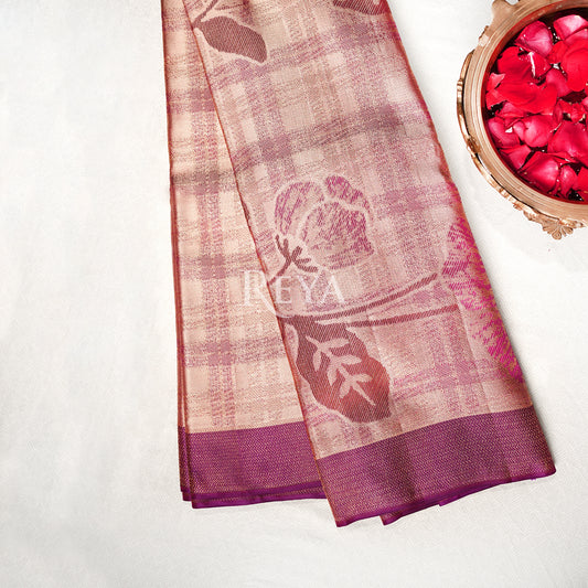 'Rosewood Serenade Kanjeevaram' in mauve checks and magenta glow