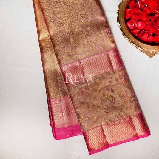 'Golden Hour of Madurai Kanjeevaram' in golden yellow and temple pink