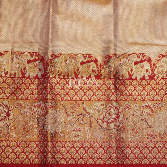 'Royal Elephant Parade  Kanjeevaram' in temple red and  rose gold