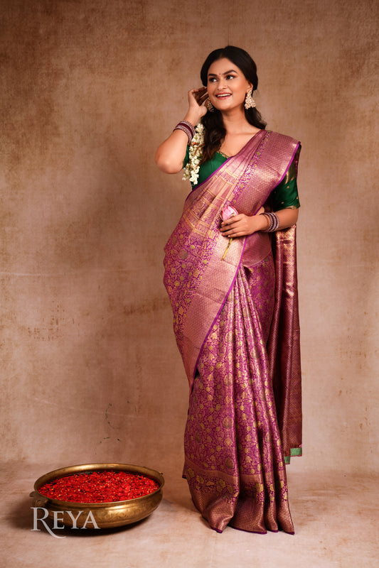 'Majesty of Kanjeevaram' in regal plum and heirloom gold