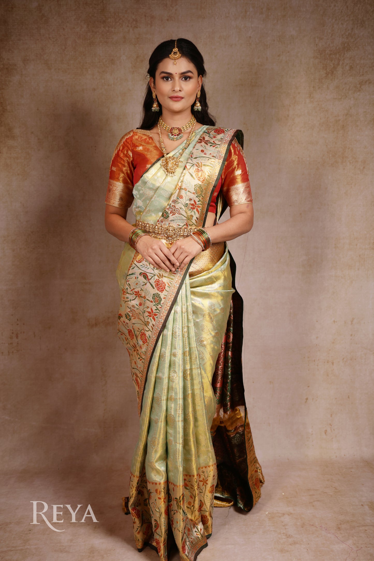 'Song of the Silk Garden Kanjeevaram' in pistachio green and meenakari hues