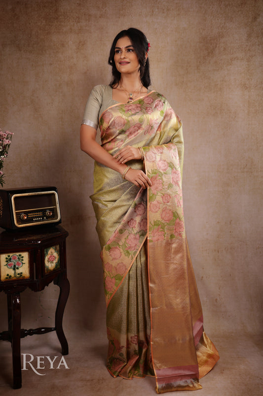 'Whispers of the Lotus Kanjeevaram' in antique gold tissue and blush rose