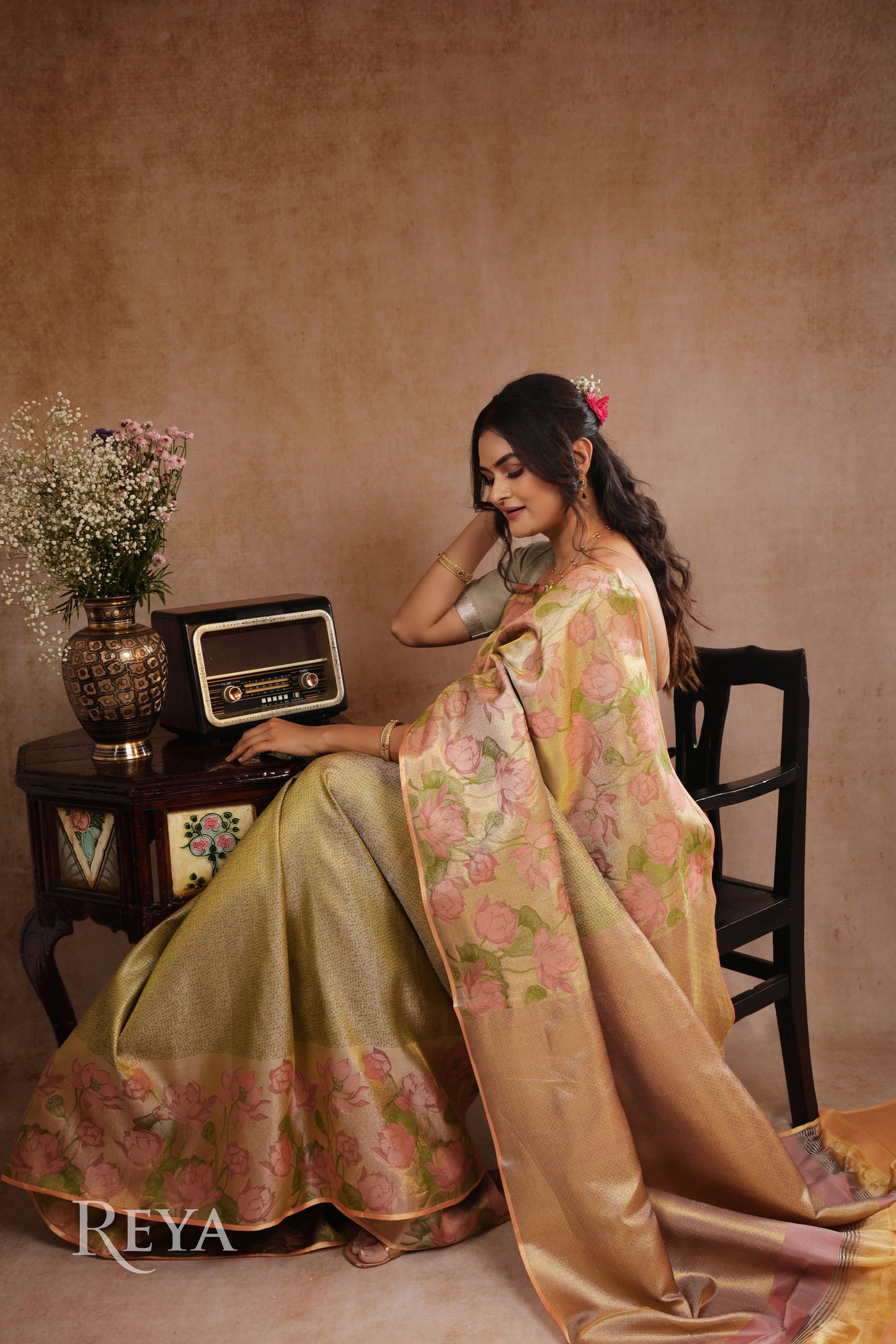 'Whispers of the Lotus Kanjeevaram' in antique gold tissue and blush rose