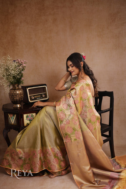 'Whispers of the Lotus Kanjeevaram' in antique gold tissue and blush rose