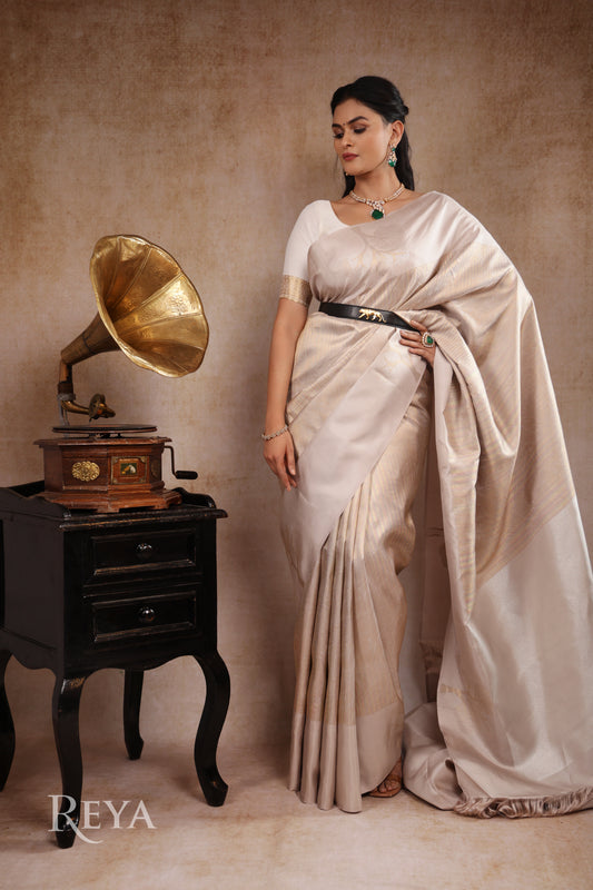 'Ivory Canopy Kanjeevaram' with woven tree motifs and shimmer