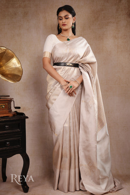 'Ivory Canopy Kanjeevaram' with woven tree motifs and shimmer