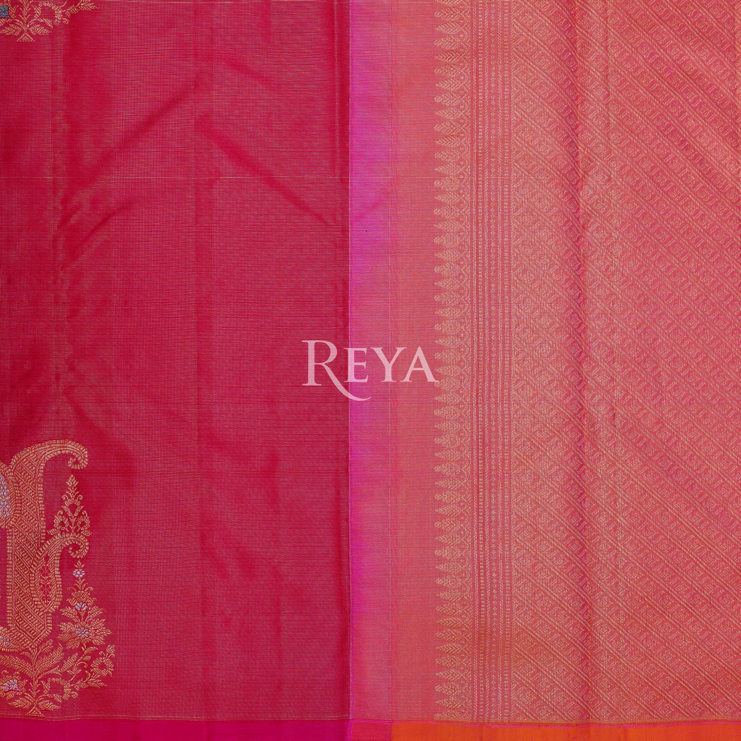 Radiant Ruby Kanjeevaram' in pink and gold zari florals